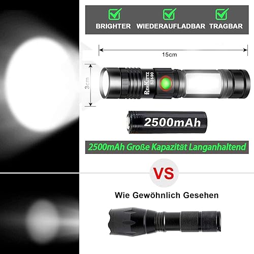 REHKITTZ LED Taschenlampe Extrem Hell 2000 Lumen, 2500 mAh Hochkapazitative USB Wiederaufladbare Multifunktions Taschenformat Taschenlampe mit Magnet und COB Arbeitsleuchte,Zoombar Handlampe(2 Stück) - Cheap-Us