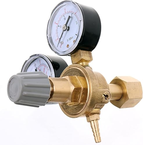 Druckminderer für Gasflaschen mit Argon (Ar) oder Kohlendioxid (CO2), Einlassgewinde B21,8 x 1/14, Auslassgewinde G 1/8 + Schlauchanschluss - Cheap-Us