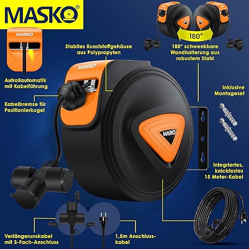 MASKO® Automatik Kabeltrommel Verlängerungskabel 20m mit 3-Fach Anschluss 180° drehbar 1,5m Zuleitung Wandhalterung Werkstatt Kabelaufroller Automatisch Stromtrommel Schlauchaufroller Inkl. Handschuhe - Cheap-Us