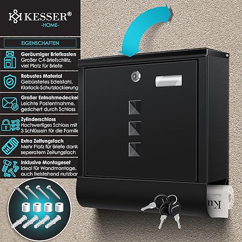 KESSER® Briefkasten Edelstahl mit Zeitungsfach Namensschild, Sichtfenster, gebürstet, 3X Schlüssel abschließbar, Pulverbeschichtet, Wandmontage, groß, inkl. Montagematerial Silber - Cheap-Us