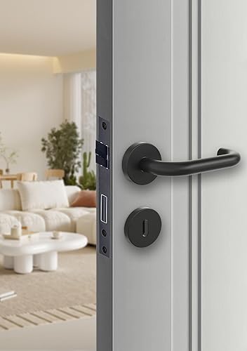 KeZaara 1 Paar Türgriffe Drückergarnitur, Türgriffe Innentüren Mattschwarz, Türklinke aus Edelstahl mit Gerundet Rosette Ø 52 mm| Türbeschlag für Zimmertüren von 2cm bis 5,5cm| Kreisbogen, BB-Buntbart - Cheap-Us
