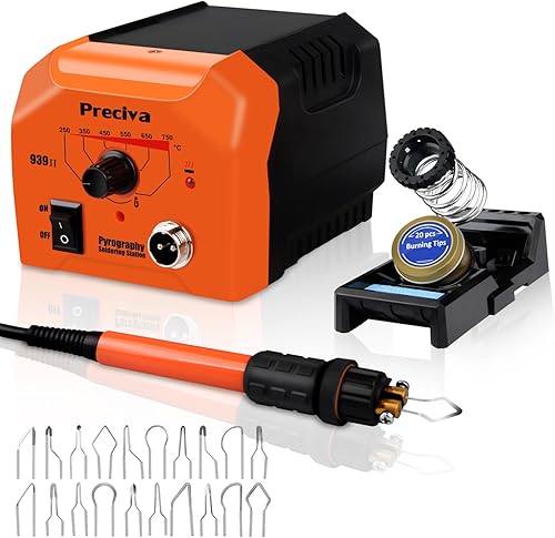 Brandmalstation, Preciva Brennkolben Set mit 20-teilig Spitzen, Brandmalerei Set Bastelset Lötstation Lötkolben Set Temperatur Einstellbar 250℃ - 750 ℃, Brandmalkolben für Holz, Leder und Kork - Cheap-Us