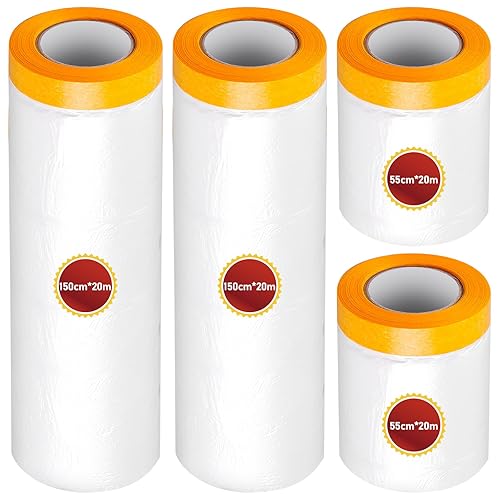 Leikurvo Abdeckfolie mit Klebeband, 2 Stück 20m*55cm und 2 Stück 20m*150cm Abdeckfolie Klebeband mit Folie, Abklebeband Maler, Zum Schutz von Autos Wänden Staub und Spritzschutz - Cheap-Us