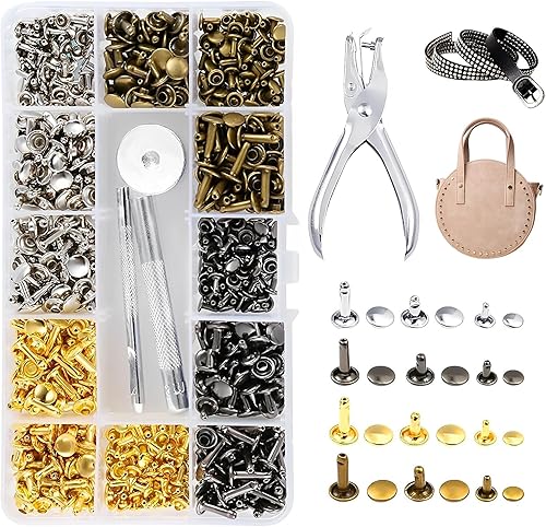 Leder Nieten Set, 360 Set Ledernieten Hohlnieten Metallnieten Doppelkappe Nieten 3 Größen Nieten mit 3 Stück Fixierung Werkzeug Lochzange für DIY Leder Handwerk Tasche Kleidung - Cheap-Us