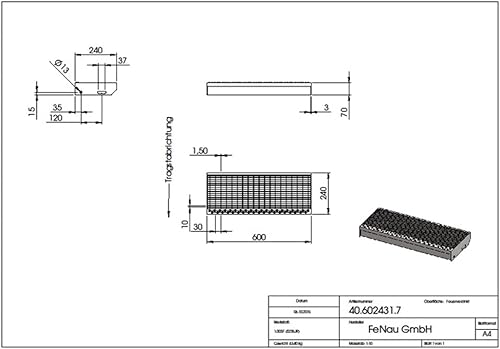 Fenau – 900 x 270 mm - Gitterrost-Stufe (R11) XSL, MW: 30/10 mm, verzinkt, Stahl-Treppenstufe nach DIN-Norm, Fluchttreppen geeignet, Anti-Rutsch-Wirkung - Cheap-Us