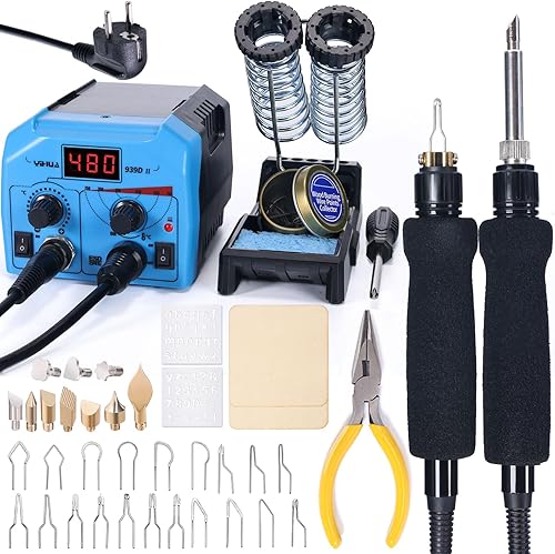 YIHUA 939D-II Brandmalerei-Brennset-Station mit 2 Brandmalerei-Stiften (Festspitze & Drahtspitze) mit 10 Brandmalerei-Festspitzen und 20 Drahtspitzen für Holzverbrennung(EU-Stecker) - Cheap-Us
