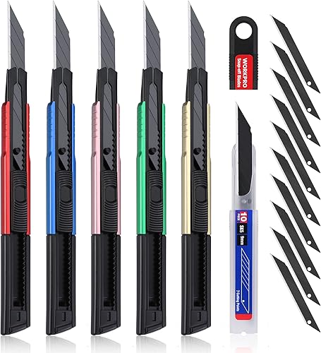 WORKPRO 5 Stück Cuttermesser Set 9mm aus Aluminium mit 10 Abbrechklingen, Cuttermesser Profi Tragbares Einziehbares Universalmesser Teppichmesser, Geschwärzte 30° Klingen extra scharf, Für Heimwerker - Cheap-Us