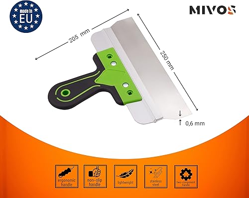 Mivos Edelstahl Fassadenspachtel Breitspachtel 250 x 60 mm - Flächenspachtel mit Aluhalter und Softgriff - Fugenspachtel von Großen Flächen - Glättspachtel Made in EU - Cheap-Us