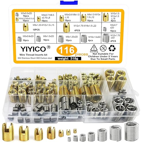 YIYICO Gewinde, M3, M4, M5, M6, M8, M10, M12, selbstschneidende Einsätze, Kombinations-Set, 116 Stück für Gewindereparatur - Cheap-Us