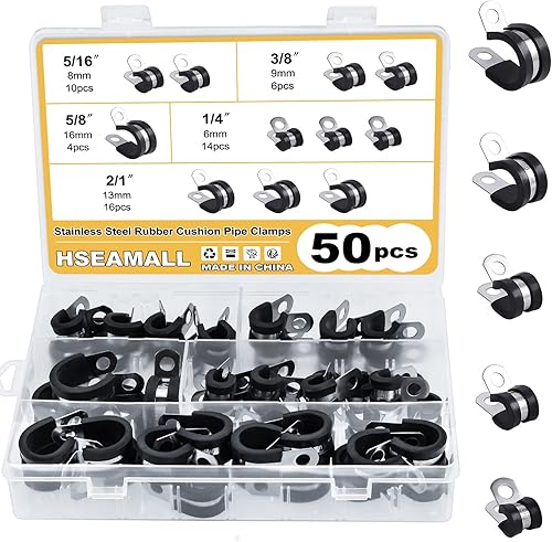 HSEAMALL 50 STÜCKE Kabelklemme Edelstahl Gummi Gefüttert P clips Schlauchschellen 5 Größe Metalldraht Kabelklemme Kit - Cheap-Us