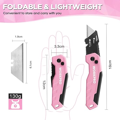 WORKPRO Teppichmesser aus Aluminium, Faltbares Universalmesser Cuttermesser mit Schnellwechselklinge und Gürtelclip, Klingenaufbewahrung, Safety-Lock-Design, mit 13 zusätzlichen Klingen, Rosa - Cheap-Us
