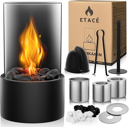 Tischkamin mit 2 Farben Deko Steinenmit, Tischfeuer Set für Indoor mit 2 Brennkammern für 4H Brenndauer, Bio Ethanol Kamin für Indoor & Outdoor, Balkon Wohnung Deko, Erstellen Romantische Ambiente - Cheap-Us