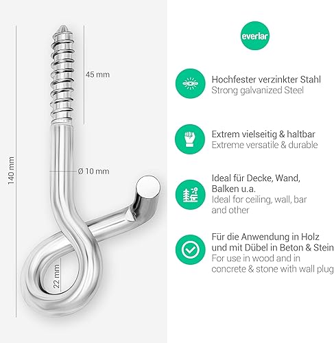 everlar® Sicherheits Schraubhaken M10 I 2 Stk. I Hochfeste Deckenhaken mit Gewinde I Sicherheitshaken für die Verwendung in Holz & mit Dübel in Stein & Beton - Cheap-Us