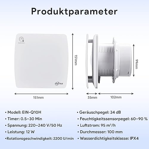 EINTTAX Badlüfter Fan 100mm Durchmesser,Badlüfter mit Nachlauf Wandmontage Lüftung Badezimmer Ventilator,IPX4 Wasserdicht,Leise 34dB,Inkl Schrauben und Dübel,weiß - Cheap-Us