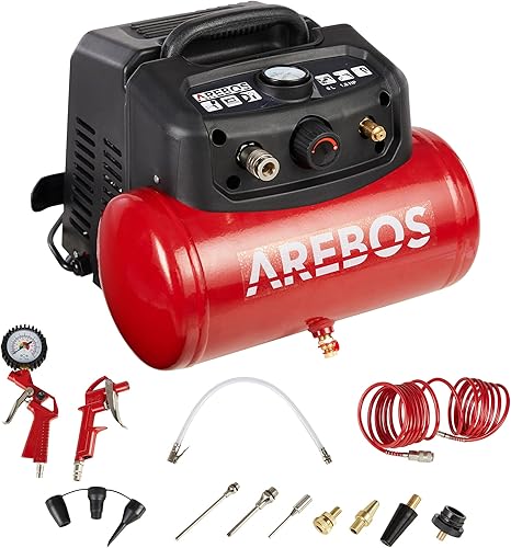 Arebos 6L Druckluftkompressor Kompressor 1200W 8 bar 180 l/min Ansaugleistung | inkl. 13-tlg. Druckluft-Werkzeug-Set | Abschaltautomatik | Extra langer Luftschlauch | ölfrei | Luftkompressor 8 bar - Cheap-Us