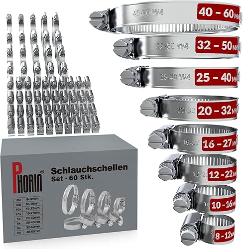 Phorin® 60x Set 8 Größen von 8-60mm Schlauchschellen - Rohrschelle, Schlauchklemme aus 304 Edelstahl - Ideal für Fahrzeug,Haus,Garten und mehr - Cheap-Us