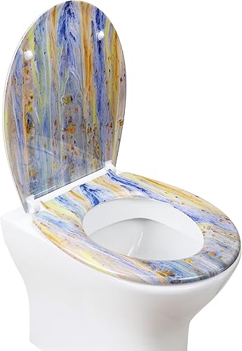 Fanmitrk Toilettendeckel, WC Sitz mit Absenkautomatik, Klodeckel mit Schnellverschluss, Duroplast Klobrille Montage von oben, Toilettensitz mit Motiv, O Form (Schwarz Marmor) - Cheap-Us