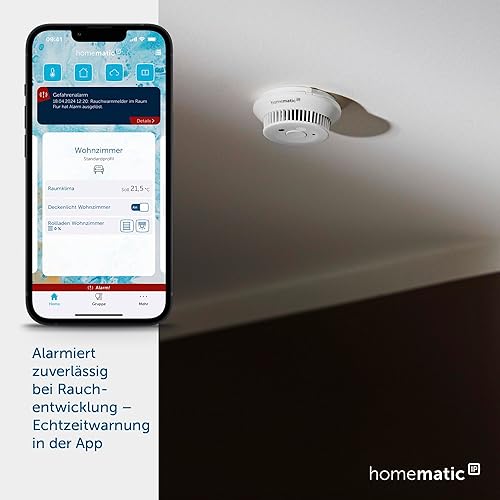 Homematic IP Smart Home Rauchwarnmelder mit Q-Label, Rauchmelder alarmiert lokal über die Sirene und per Push-Benachrichtigung in der Smartphone-App, integrierte LED-Notbeleuchtung, 156587A0 - Cheap-Us