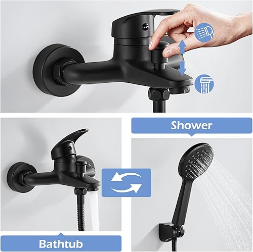 Rehomthy Badewannenarmatur Schwarz mit Handbrause, Einhebel Duscharmatur mit Duschkopf und 1.5m Schlauch, Badewanne Mischbatterie Dusche Wandmontage Duschset - Cheap-Us