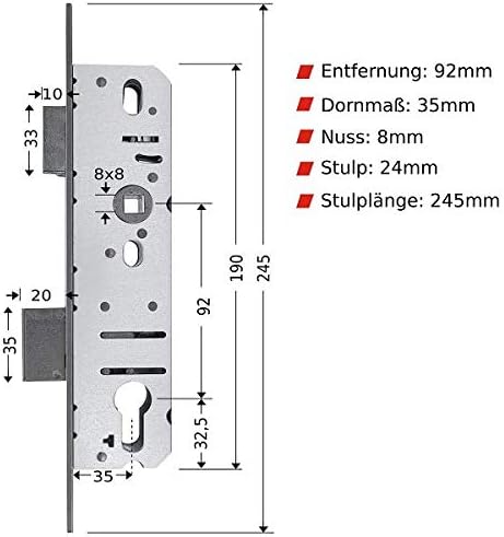 FELGNER Rohrrahmen Profilzylinder Einsteckschloss A01 | Schlosskasten aus verzinktem Blech | Stulp 24mm - Dornmaß 45mm - Din links und rechts - Nuss 8mm | Entfernung 92mm | Feuerschutztür geeignet - Cheap-Us