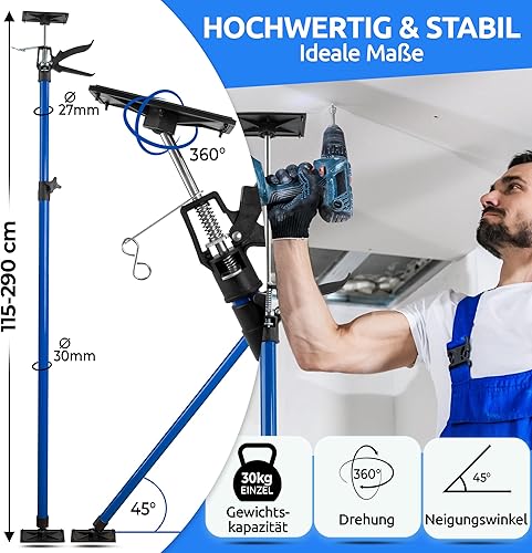 NTG Einhandstütze | 115-290 cm | Bis 30 kg | 45° Winkel | Für Trockenbau, Ausbau, etc. | Montagestütze | Deckenstütze | Teleskopstütze | Deckenstütze (2 Stück) - Cheap-Us