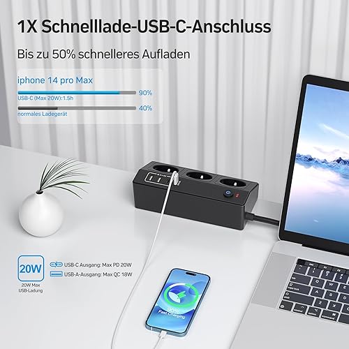 Tischsteckdose mit USB C PD 20W, 4000W/16A Steckdosenleiste Schreibtisch, STGAROT 3 Fach Mehrfachsteckdose 4 USB mit Schalter 2M Kabel, Überspannungsschutz Steckdose Tisch für Zuhause Büro, Schwarz - Cheap-Us