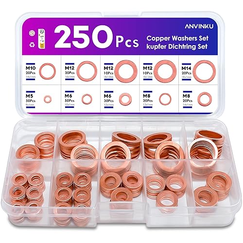 ANVINKU Kupferdichtringe Sortiment,250 Stück, Kupferdichtringe, Unterlegscheiben set, Kupferringe Sortiment M5 M6 M8 M10 M12 M14, Fitschenringe Sortiment für Kraftstoffzubehör - Cheap-Us