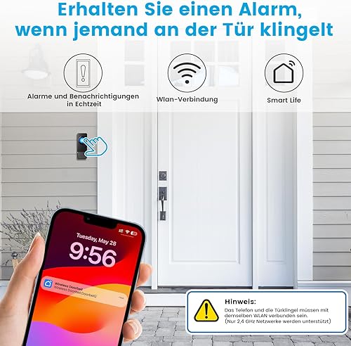 WiFi Türklingel Funk, Funkklingel Aussen Wasserdicht Kompatibel mit Smartphone App, 0-110dB Laute Klingel Haustür mit 32 Melodien, Doorbell mit Fernbenachrichtigung, Haustürklingel mit LED-Blitz - Cheap-Us