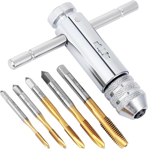 Habwea 5 Stück Gewindebohrer Set, M3 M4 M5 M6 M8 HSS Gewindefräsen T -Griff Ratsche Gewindeschneider Halterschlüssel (Tap Wrench Set-Golden) - Cheap-Us