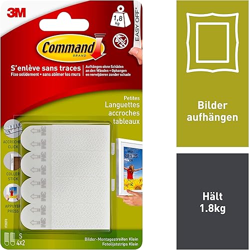 Command Kleine Bildaufhängestreifen, Set mit 4 Klebestreifen in Weiß, Beschädigungsfreies Aufhängen - Cheap-Us