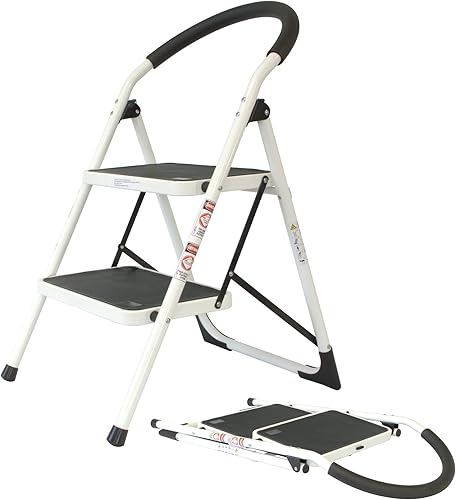 Stahl Klapptritt zusammenklappbar | 2 extra breite Stufen mit Anti-Rutsch-Matten | 84 cm Höhe | Trittleiter mit Klappsicherung | mit rutschfesten Füßen | belastbar bis 150 kg | Haushaltsleiter - Cheap-Us