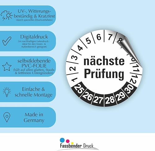 Fassbender-Druck PRÜFPLAKETTEN - Hochwertige Prüfetiketten NÄCHSTE PRÜFUNG Ø 20mm - Selbstklebende PVC-Folie - Wartungsetiketten für Prüfung - Prüfplakette für Prüfungsnachweis (60 Stück) - Cheap-Us