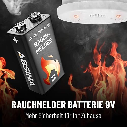 ABSINA Rauchmelder Batterie 9V Block - 4er Pack Alkaline 9V Block Batterien langlebig & auslaufsicher - Blockbatterien für Feuermelder, Bewegungsmelder, Kohlenmonoxid, Warnmelder & Rauchwarnmelder - Cheap-Us