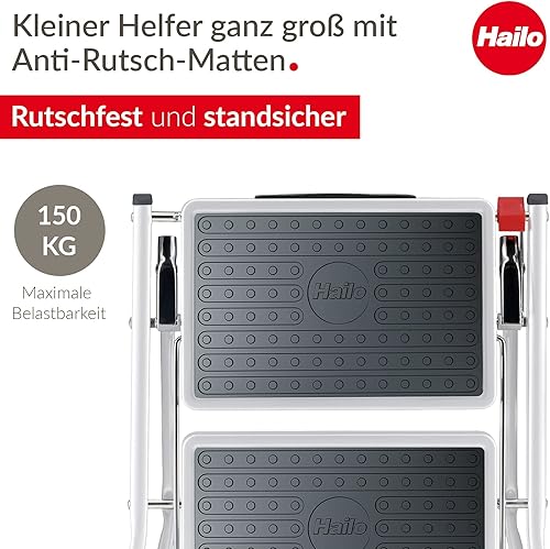 Hailo MK60 Mini Stahl-Trittleiter - 2 große Stufen mit Anti-Rutsch-Matten bis 150kg - Klappsicherung mit Entriegelungstaste - Tragegriff - Klapptrittleiter rostfrei und einfach zu verstauen - weiß - Cheap-Us