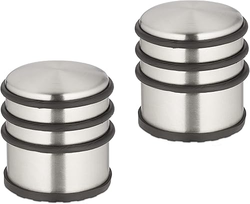 Relaxdays Türstopper Edelstahl, 2er Set, HxD: 7,5 x 7 cm, hoch & schwer, rutschfest, Türzuschlagbremse, silber/schwarz - Cheap-Us