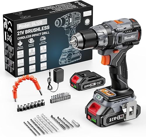 Seesii 120N.m Akkuschrauber, 21V Akku Bohrschrauber Set mit 2 Akkus 2.0Ah, 20+3 Drehmomentstufen Akkubohrer, Bürstenloser Motor, 3 Modus, 2 Gang, LED Licht, 32tlg Zubehör - Cheap-Us