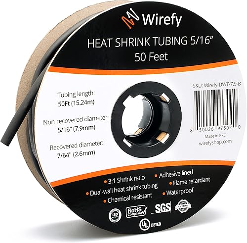 Wirefy Schrumpfschlauch Metrware mit Kleber 15m - 3:1 Schrumpfverhältnis, Doppelwandiger Schrumpfschlauch Wasserdicht - Heat Shrink Tube Set Schwarz Ø 7,9mm - Cheap-Us