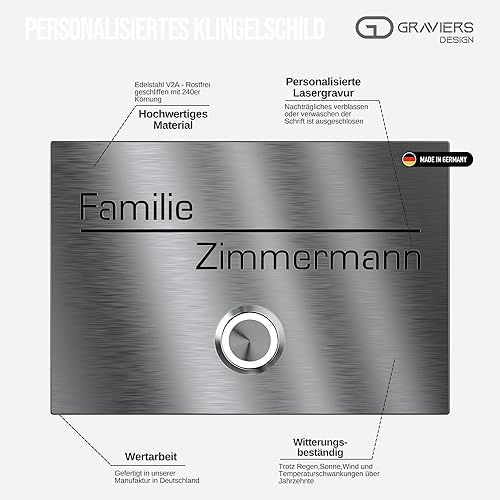 Klingelschild aus V2A Edelstahl mit Gravur von Graviers Design – Pulverbeschichtet in RAL 7016 – LED Klingeltaster – Türklingel – Made in Germany - Cheap-Us
