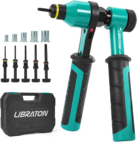 LIBRATON Nietmutternzange, Nietmutternzange Set, Profi Nietmutternratsche, Nietmutternpistole mit 5 Metrischen Dornen, 5 Mutternköpfen, 50 Nietmuttern, Tragebox, Einnietmutternzange für Autoreparatur - Cheap-Us