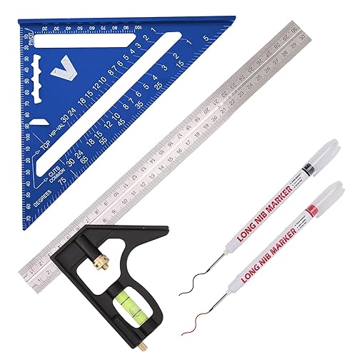 Zimmermannswinkel, Set aus 18 cm Dreieckslineal und 30 cm Kombinationen, inkl. Tieflochmarkierungen, hochpräzises Aluminium-Zimmermanns-Winkelmaß für Zimmerleute(Blue) - Cheap-Us
