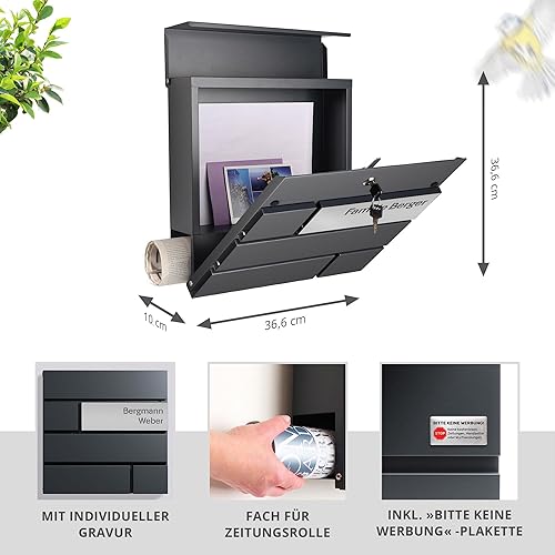 Briefkasten Anthrazit mit Zeitungsfach, Postkasten mit Namensschild, Hausnummer und Straßennamen, Wandbriefkasten mit Schloss, Zinkstahl Briefbox, mit Zeitungsrolle, Postbox personalisiert - Cheap-Us