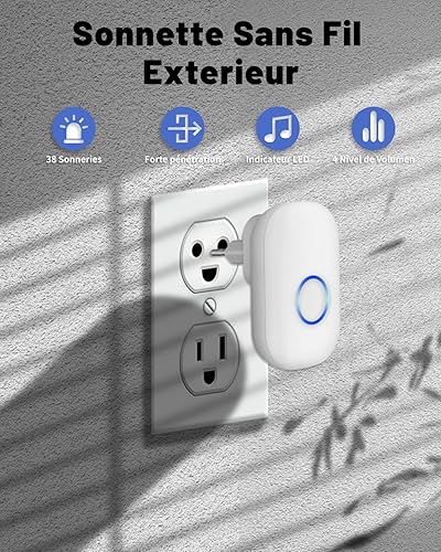 Funkklingel,JeaTone Türklingel Funk Set,150m Reichweite Funkklingel aussen wasserdicht IP44 Haustürklingel,32 Melodien,4 Lautstärkestufen und LED-Blitz,1 Plug-In-Empfänger und 1 Sender mit Batterie - Cheap-Us