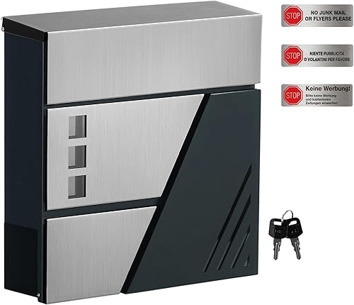 SONGMICS XXL Briefkasten, Wandbriefkasten mit Sichtfenster, aus Edelstahl, für Haustür, mit Schloss und Schlüsseln, silbern-anthrazit GMB053G01 - Cheap-Us