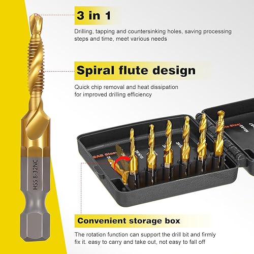 HSEAMALL 13 Stück Gewindebohrer Set,Kombi-Bohrer Gewindebohrer Bit Satz 6mm HSS M3-M10 Gewindeschneider-Set SAE 6-32NC bis 1/4-20NC Bohren Gewindeschneiden und Senken Eisen Aluminium Kupfer Metall - Cheap-Us
