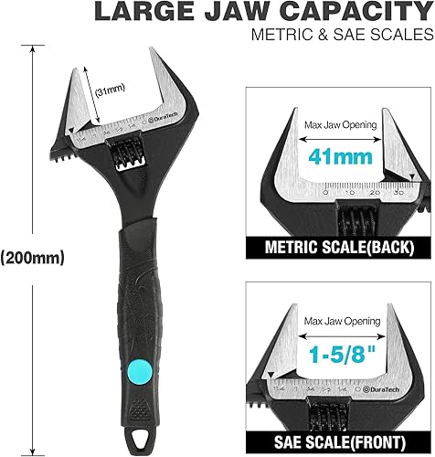 DURATECH 200MM/8 Zoll Verstellbarer Schraubenschlüssel, Große Öffnung Rollgabelschlüssel, Schwarz-oxidierte Oberfläche, CR-V Stahl, SAE und Metrisch, ergonomischer Griff - Cheap-Us