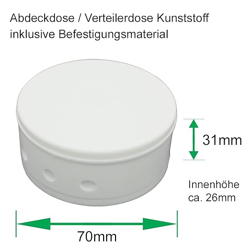 2x Abdeckdose ø 70x31mm Kunststoff Verteilerdose matt incl. Holzschrauben und 3-Loch Zugentlaster (Weiß) - Cheap-Us