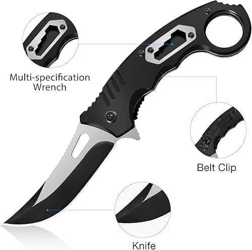 HONZIN 2 in 1 Klappmesser 3Cr13 Edelstahl Taschenmesser mit Schraubenschlüssel mit mehreren Spezifikationen Jagdmesser Ergonomisches tragbares Camping Messer (Schwarz) - Cheap-Us