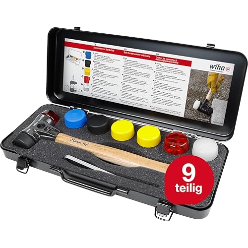 Wiha Schonhammer Set Safety I Hickory-Holzstiel I Rund-Schlagkopf Ø 40 mm I Gummihammer mit gemischten Schlagköpfen 9-teilig in Box (44008) - Cheap-Us