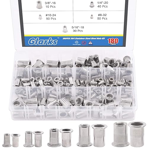 Glarks Nietmuttern, Sortiment aus 304 Edelstahl, Flachkopf-Gewindeeinsätzen, 180 Stück, #8-32#10-24 1/4-20 5/16-18 3/8-16 UNC-Nietmuttern, Set - Cheap-Us