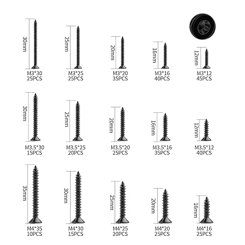400 Stück Selbstschneidendes Schrauben-Sortiment-Set, Edelstahl-Senkkopf-Torx-Selbstbohrschrauben-Set, Holz-Trockenbauschrauben mit Bohrer-M3/M3,5/M4, 12mm/16mm/20mm/25mm/30mm/35mm-Schwarz - Cheap-Us